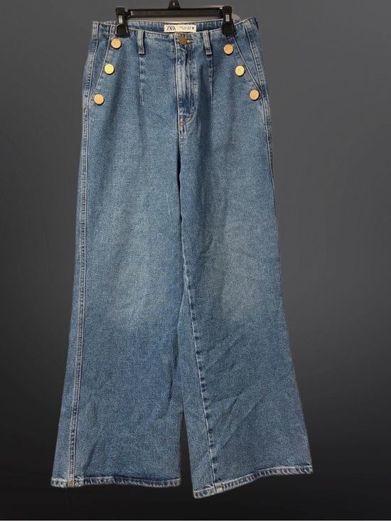 Zara Denim - Zara Wide-Leg High-Rise Blue Denim Jeans with Gold Buttons